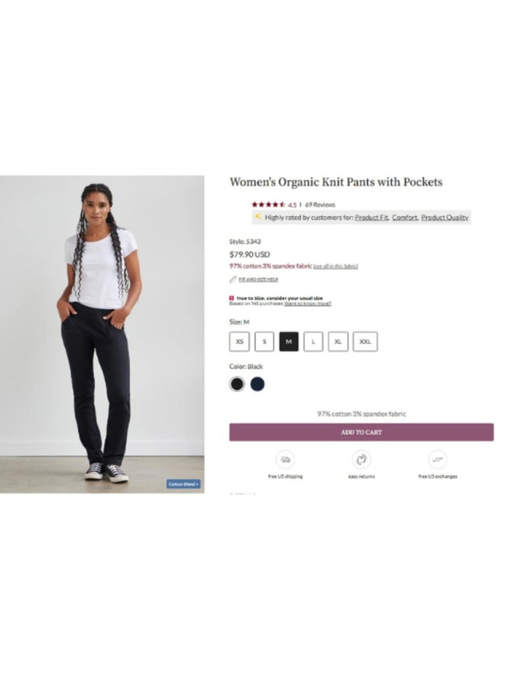 Fair Indigo Women's Organic Knit Pants with Pockets Black M 28x31